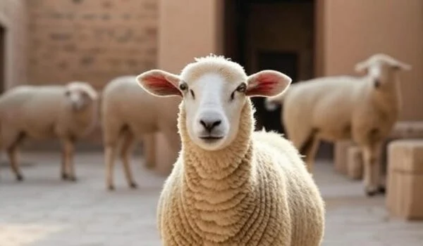 گوسفند تنها ایستاده در حیاط خانه روستایی، بدون صاحب، مربوط به حکم شرعی لقطه در فقه اسلامی