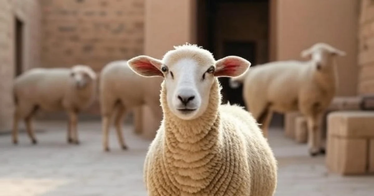 گوسفند تنها ایستاده در حیاط خانه روستایی، بدون صاحب، مربوط به حکم شرعی لقطه در فقه اسلامی