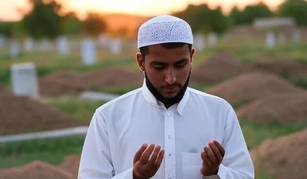 مرد جوان اهل سنت در حال دعا کنار قبر تازه دفن‌شده پس از نماز جنازه