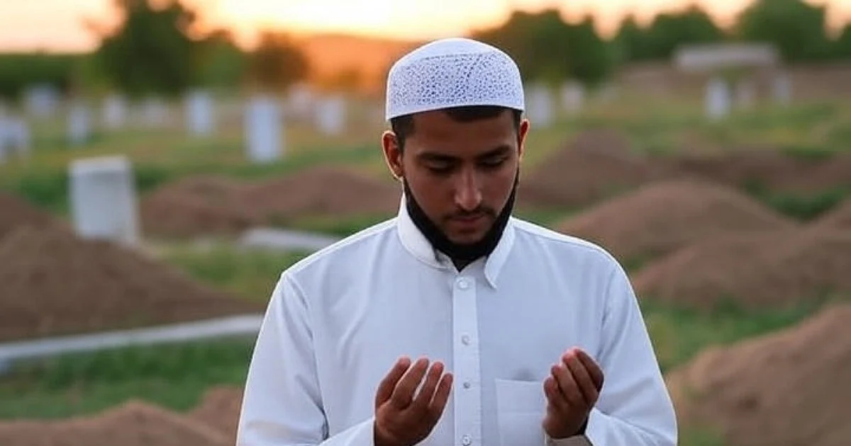 مرد جوان اهل سنت در حال دعا کنار قبر تازه دفن‌شده پس از نماز جنازه