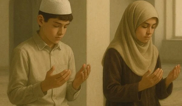 نمایی از یک پسر و دختر مسلمان نوجوان در حال نماز خواندن، با فضای معنوی