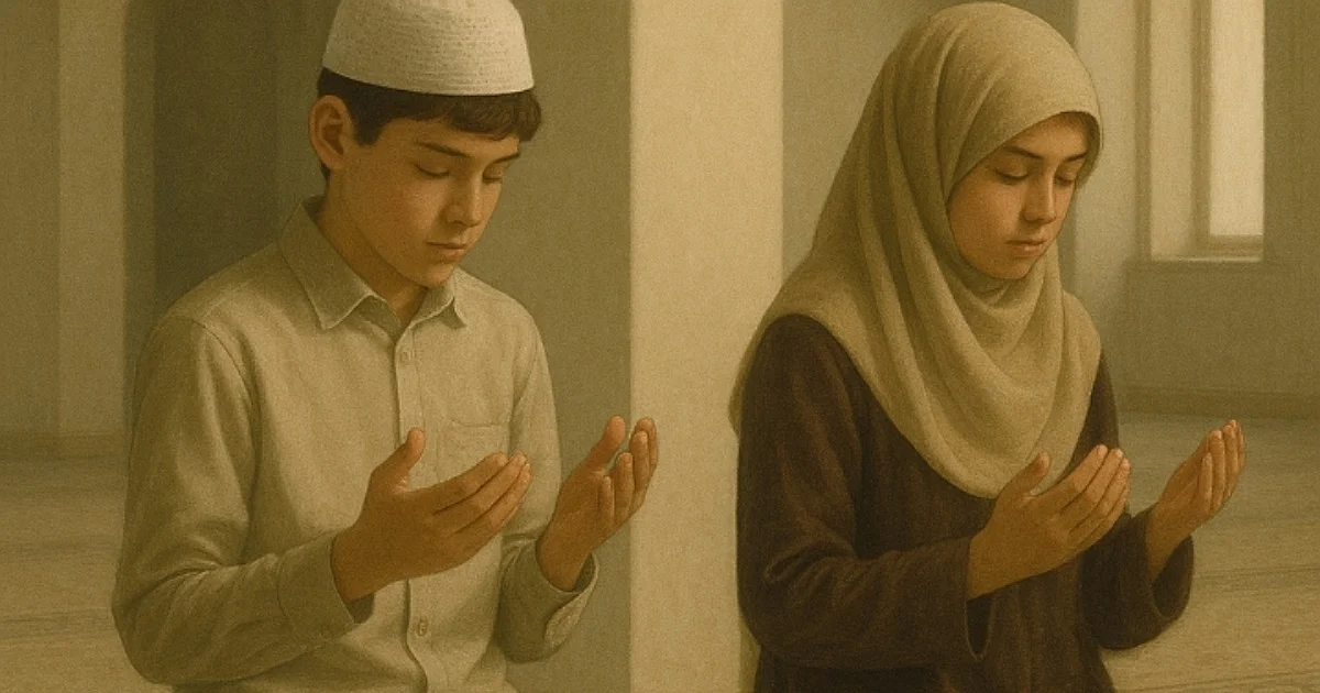 نمایی از یک پسر و دختر مسلمان نوجوان در حال نماز خواندن، با فضای معنوی