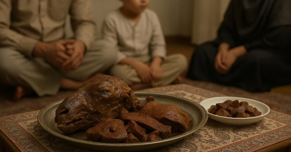 ظرف گوشت نذری قربانی‌شده در کنار خانواده، بدون چهره