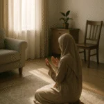 تصویر مفهومی از زنی مسلمان در حال دعا یا روزه‌داری، در غیاب شوهر