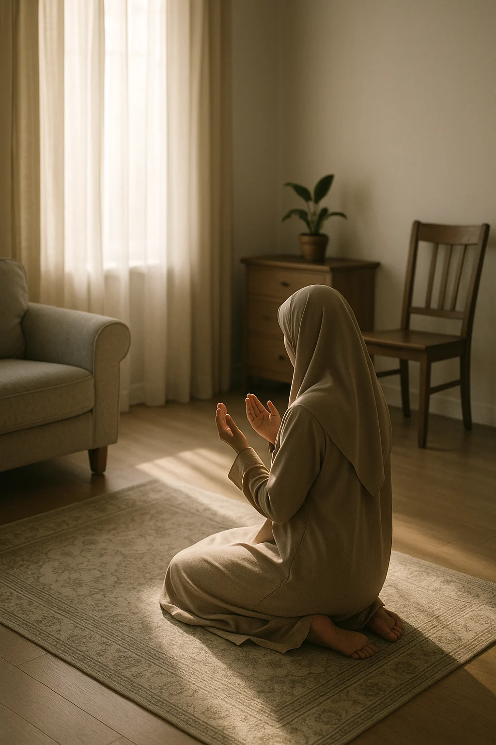 تصویر مفهومی از زنی مسلمان در حال دعا یا روزه‌داری، در غیاب شوهر