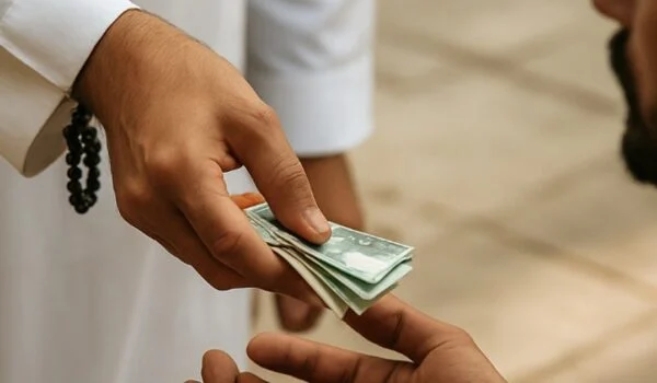 تصویر دست فردی در حال دادن صدقه به فقیر فواید صدقه