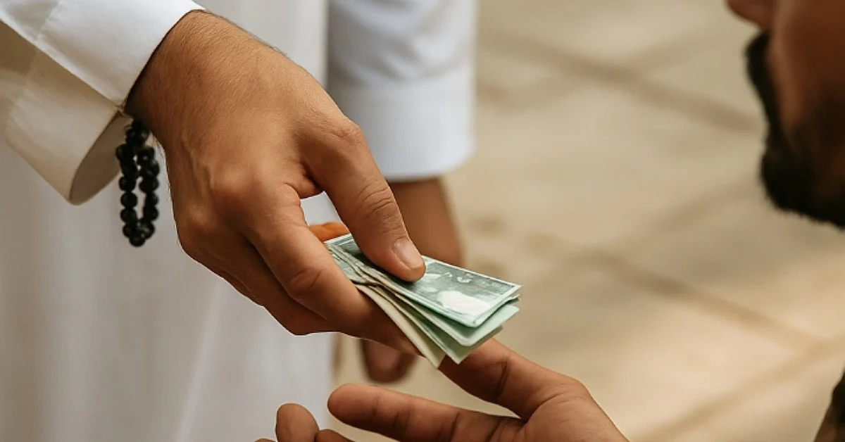 تصویر دست فردی در حال دادن صدقه به فقیر فواید صدقه