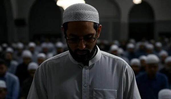 امام جماعت در حال نماز عشا با گروهی از مردان مسلمان در مسجد