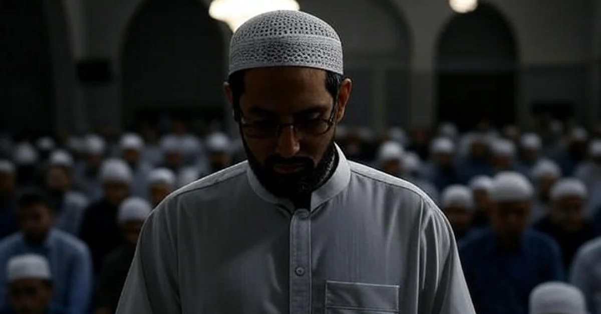 امام جماعت در حال نماز عشا با گروهی از مردان مسلمان در مسجد