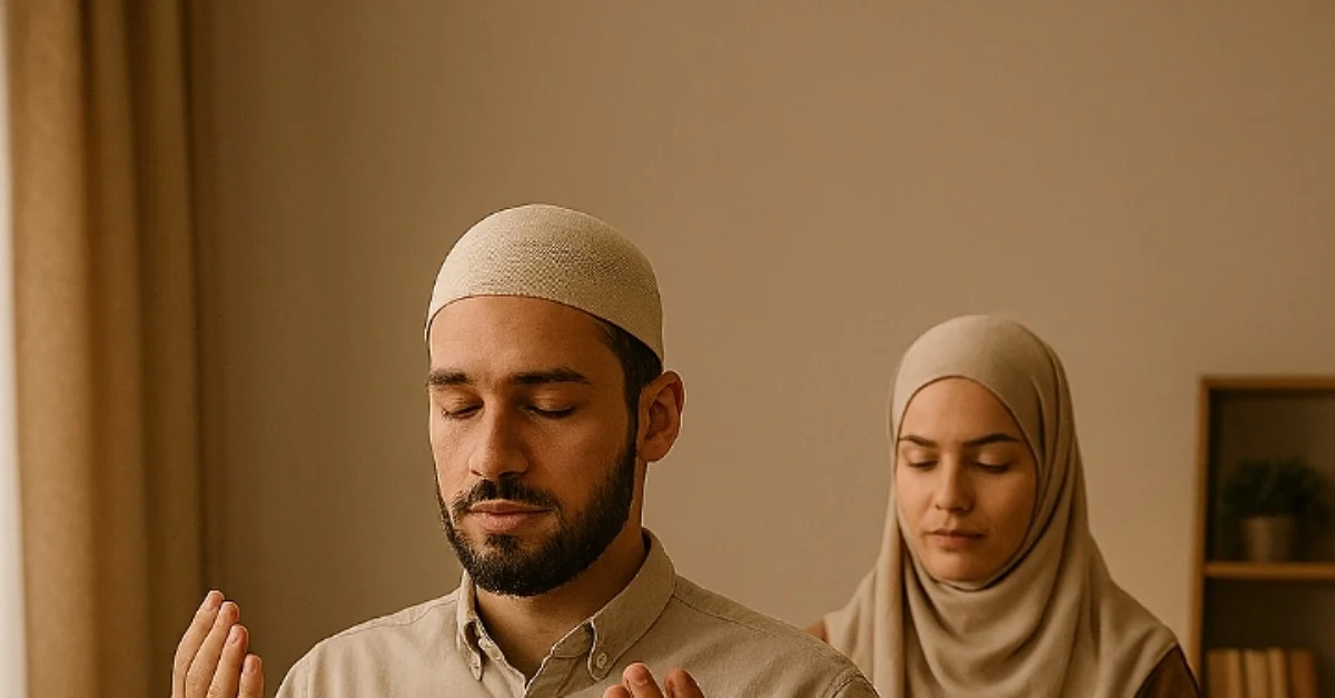 حکم نماز جماعت زن و شوهر در خانه طبق فقه احناف با تصویر زوج مسلمان در حال نماز