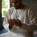 جوان مسلمان در حال نماز با گردنبند طلایی که زیر لباسش پنهان است