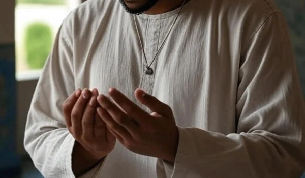 جوان مسلمان در حال نماز با گردنبند طلایی که زیر لباسش پنهان است