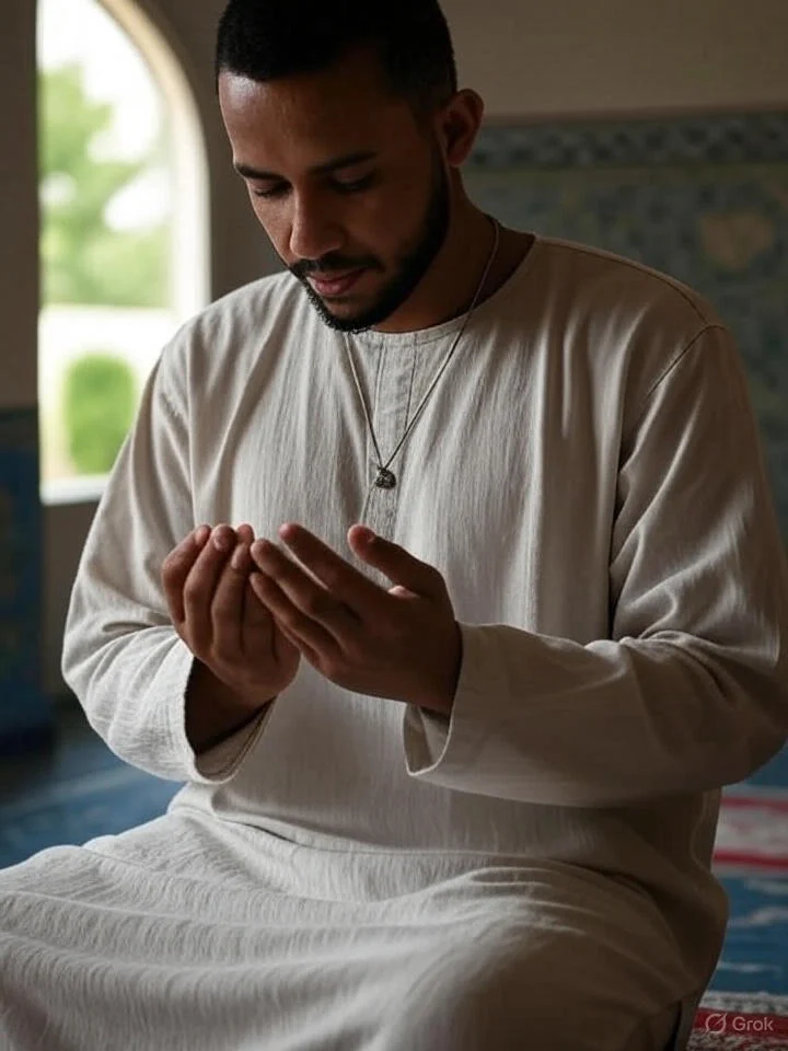 جوان مسلمان در حال نماز با گردنبند طلایی که زیر لباسش پنهان است