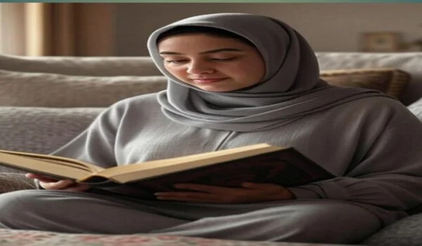 زن مسلمان در خانه مشغول تلاوت قرآن، بدون روسری اما با لباس پوشیده