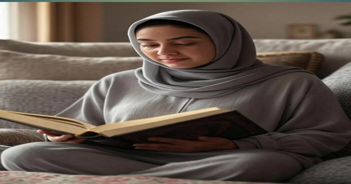 زن مسلمان در خانه مشغول تلاوت قرآن، بدون روسری اما با لباس پوشیده