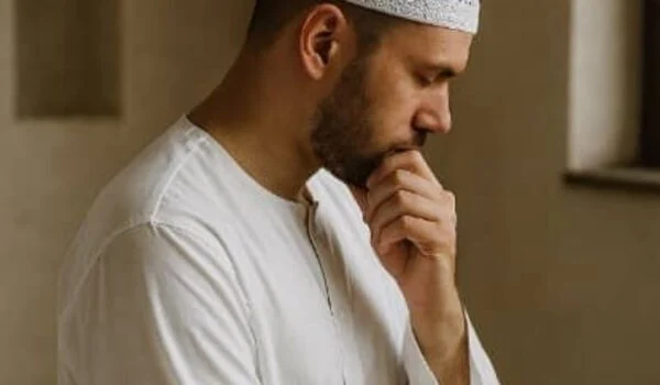 مرد مسلمان پس از غسل در حال پوشیدن لباس تمیز با حالت تأمل