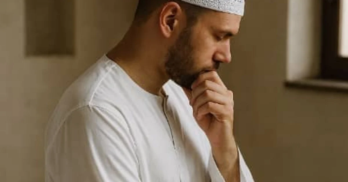 مرد مسلمان پس از غسل در حال پوشیدن لباس تمیز با حالت تأمل