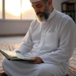 مرد مسلمانی در حال تلاوت قرآن بعد از نماز صبح