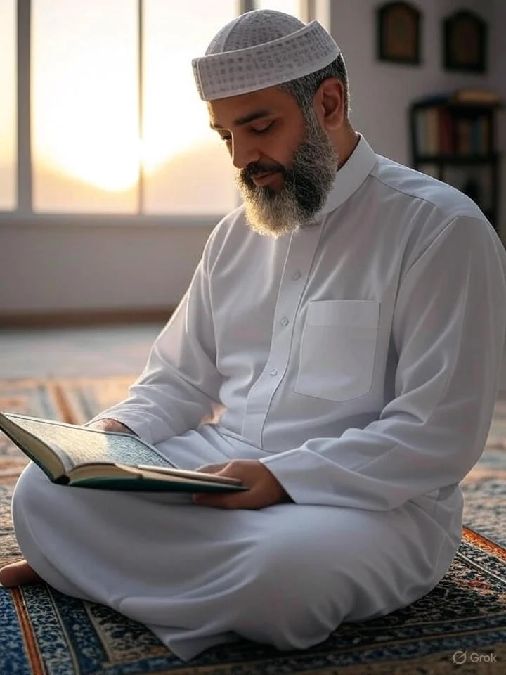 مرد مسلمانی در حال تلاوت قرآن بعد از نماز صبح