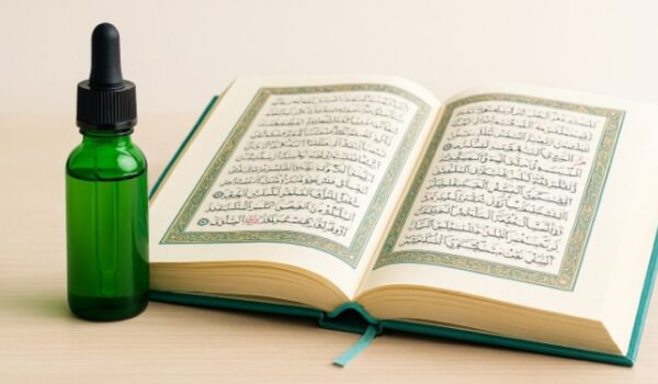 تصویر مینیمال از قرآن باز و بطری درمانی سبز رنگ در فضای روشن، نماد شفای قرآنی